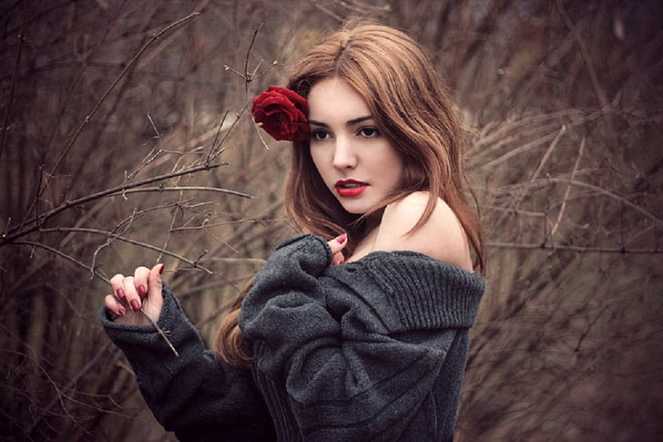 autumn, beautiful, beauty, brunette, flower, model, photography, red, rose, woman, HD wallpaper
