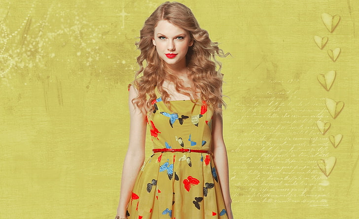 Тейлор Свифт, музыка, Тейлор Свифт, бабочки, желтый, летающий, сердца, платье, HD обои