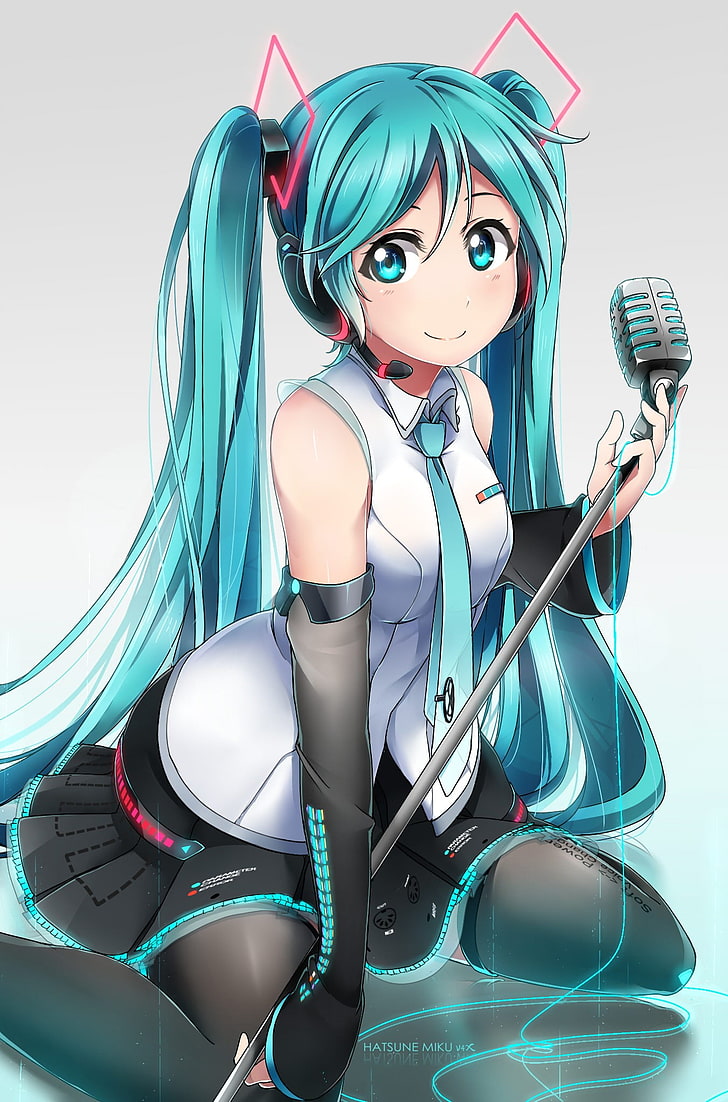 чирок волосатая женщина держит микрофон, аниме, аниме девушки, Vocaloid, Hatsune Miku, наушники, микрофон, длинные волосы, два хвостика, синие волосы, голубые глаза, юбка, HD обои, телефон обои