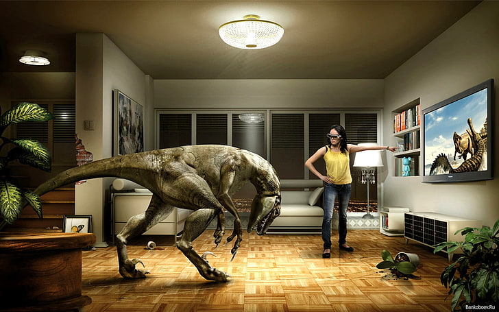 t-rex 3D wallpaper, dinosaurs, room, TV, virtual reality, headsets, humor, video games, meta, digital art, HD wallpaper