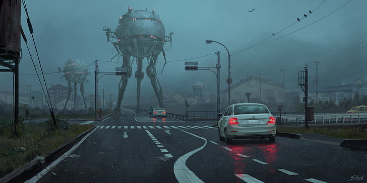 artwork, robot, city, car, apocalyptic, science fiction, tripod, illustration, Stefan Koidl, HD wallpaper