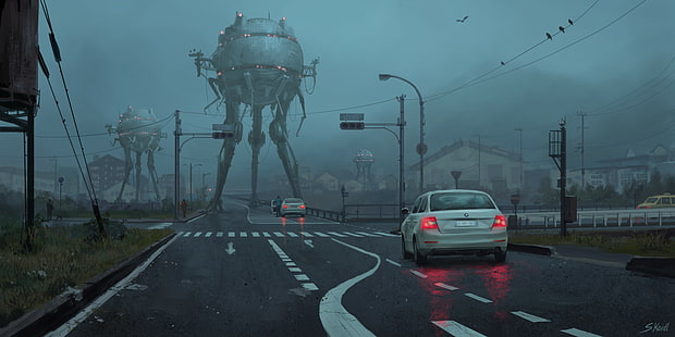 opera d'arte, robot, città, automobile, apocalittico, fantascienza, treppiede, illustrazione, Stefan Koidl, Sfondo HD HD wallpaper