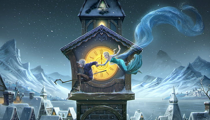 winter, girl, night, tower, guy, art, frozen, midnight, Rise of the Guardians, Jack Frost, elsa, HD wallpaper