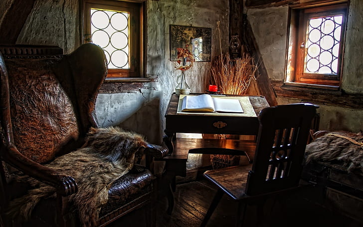Va stanza, tavolo in legno marrone, poltrona e sedia a dondolo, mobili, vintage, finestra, Sfondo HD