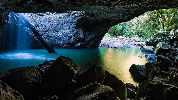 поток, пещерен поток, златен бряг, национален парк Springbrook, естествен мост, морска пещера, национален парк, пейзаж, река, вода, скално образувание, пещера, образуване, водопад, скала, водоем, природа, HD тапет