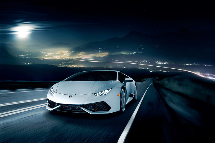 white sports car, night, movement, Lamborghini, horizon, white, front, LP 610-4, Huracan, Ronaldo Stewart, LB724, HD wallpaper