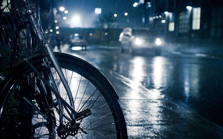 photography, city, urban, lights, rain, street, road, night, bicycle, HD wallpaper