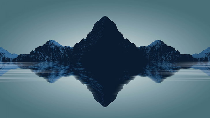montagna circondata da acqua, montagne, acqua, opera d'arte, arte digitale, riflesso, Sfondo HD