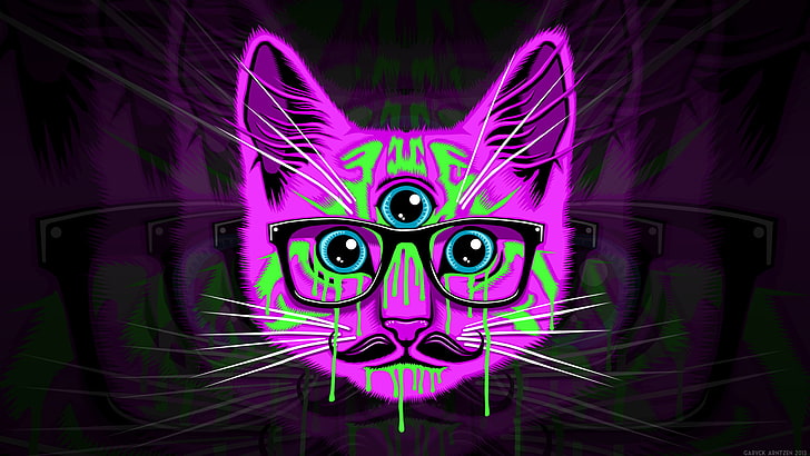seni digital kucing ungu, kucing, psikedelik, kacamata, kumis, Wallpaper HD