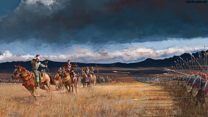 peinture de soldats, cheval de guerre, archer, soldat, lance, bataille, Fond d'écran HD