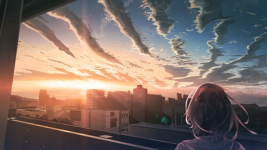 krajobraz anime, zachód słońca, chmury, budynki, widok z tyłu dziewczyny, anime, Tapety HD HD wallpaper