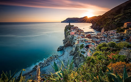 Vernazza, Cinque Terre, Liguria, Włochy, morze, ocean, wybrzeże, zachód słońca, domy, Vernazza, Cinque, Terre, Liguria, Włochy, morze, ocean, wybrzeże, zachód słońca, domy, Tapety HD HD wallpaper