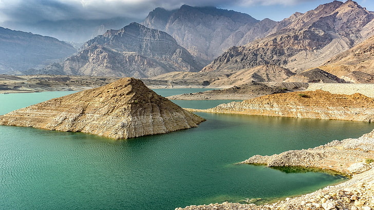 zbiornik wodny w pobliżu formacji skalnej, Oman, góry, jezioro, zbiornik wodny, krajobraz, woda, Tapety HD