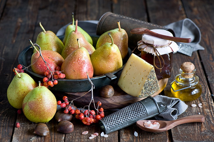oil, cheese, honey, fruit, still life, pear, jar, Anna Verdina, HD wallpaper