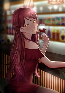 şarap bardağı illüstrasyon, anime, anime kızlar, aşk yaşamak tutan kırmızı elbise giyen kız anime karakteri!Güneş ışığı, Sakurauchi Riko, uzun saç, kızıl saçlı, sarı gözler, şarap, HD masaüstü duvar kağıdı HD wallpaper