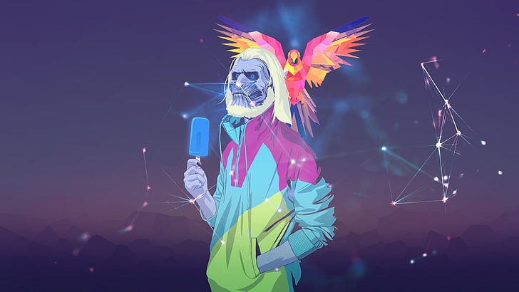 Hombre en chaqueta con ilustración de paletas, muerte, loro, colorido, Juego de Tronos, Los Otros, Fondo de pantalla HD
