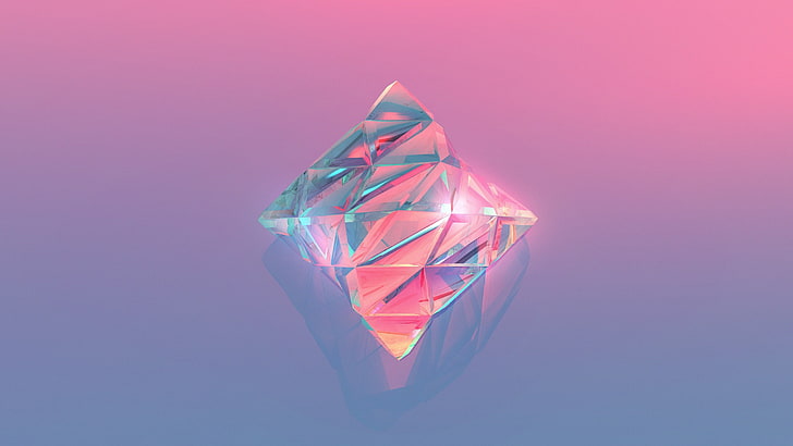 прозрачный бриллиант на розовом и фиолетовом фоне обоев, Джастин Маллер, аннотация, HD обои