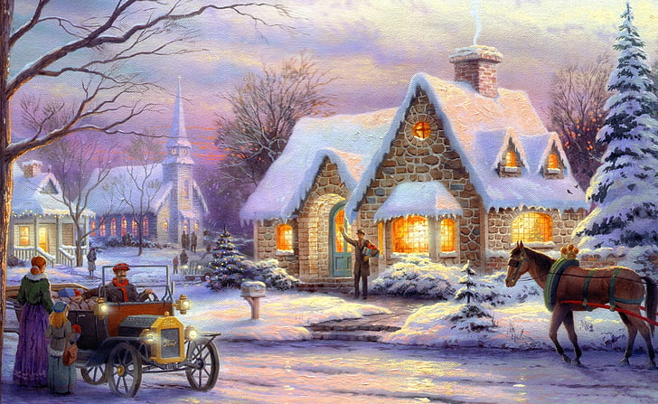 Memories Of Christmas by Thomas Kinkade, person standing on front of house near horse and classic car digital wallpaper, Holidays, Christmas, memories, thomas kinkade, HD wallpaper