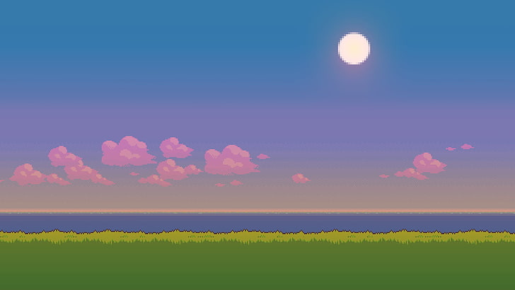 зелена трева поле под синьо небе цифрови тапети, пиксел арт, слънце, трева, облаци, вода, HD тапет