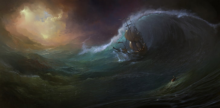 pirate ship sailing painting, sea, wave, storm, people, ship, HD wallpaper