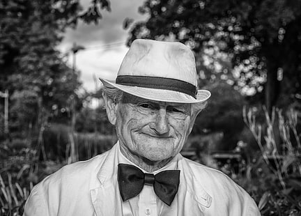 black and white, elderly, happy, hat, man, old man, person, portrait, smiling, HD wallpaper HD wallpaper