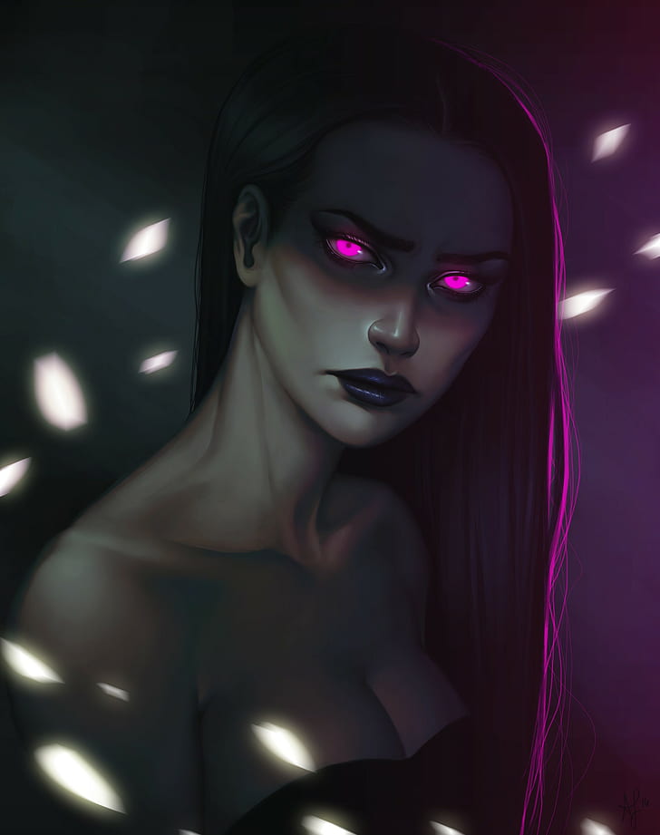 fantasy art, magic, glowing eyes, purple hair, dark, lipstick, fantasy girl, HD wallpaper