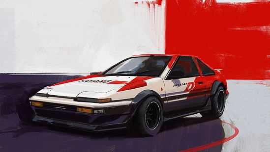 Initial D, car, concept art, Toyota AE86, purple, red, front angle view, HD wallpaper HD wallpaper