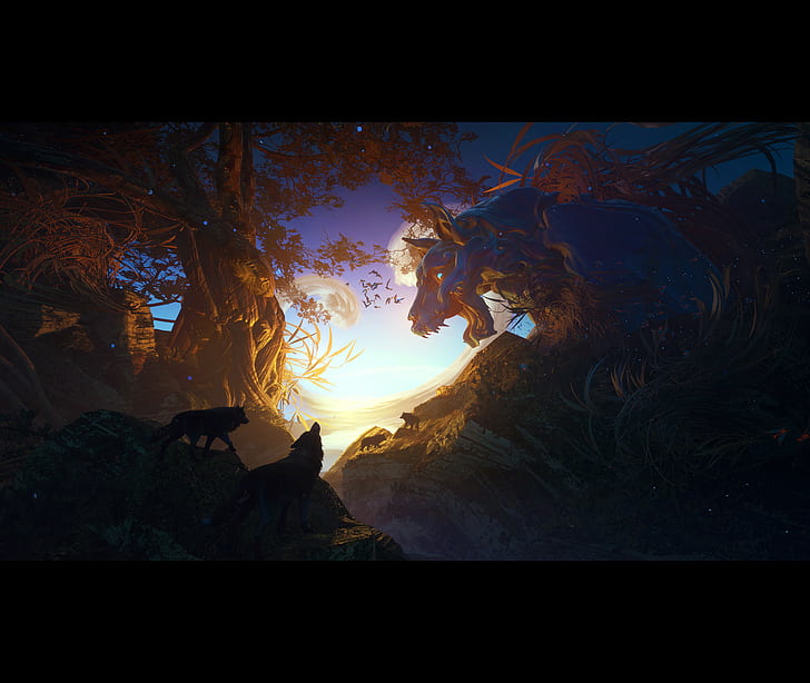 งานศิลปะไทเลอร์สมิ ธ ดิจิตอลหมาป่าศิลปะแฟนตาซีพระอาทิตย์ตกพระเจ้า, วอลล์เปเปอร์ HD