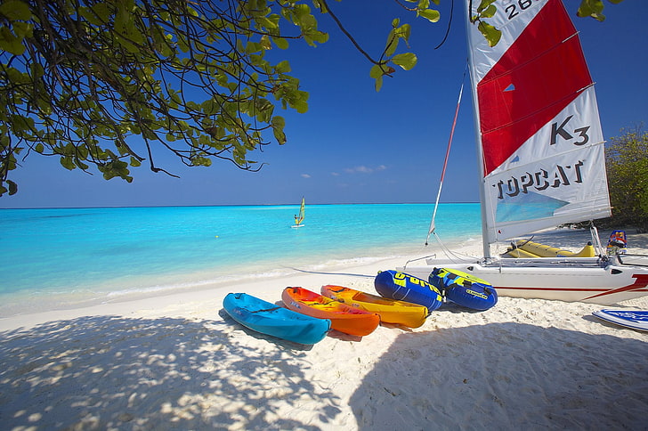 banana, beach, catamaran, maldives, ocean, sailing, sand, sun, tropical, HD wallpaper