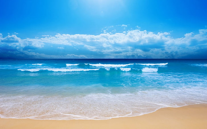 océano y nubes blancas, playa, cielo, naturaleza, mar, olas, horizonte, nubes, agua, Fondo de pantalla HD