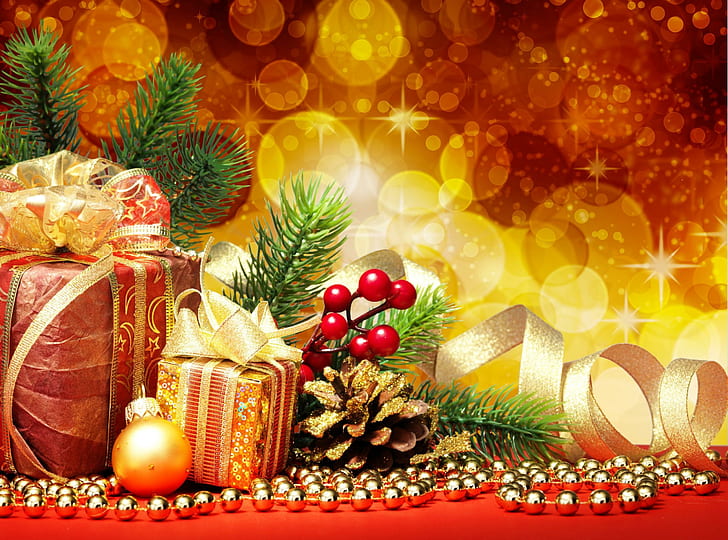 Новый год, Рождество, праздник, иголки, конус, подарки, елочные украшения, украшения, Новый год, Рождество, праздник, иголки, конус, подарки, елочные украшения, украшения, HD обои