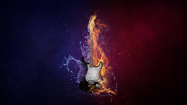 5k uhd, darkness, guitar, flame, instrument, 5k, sky, heat, fire, water, HD wallpaper