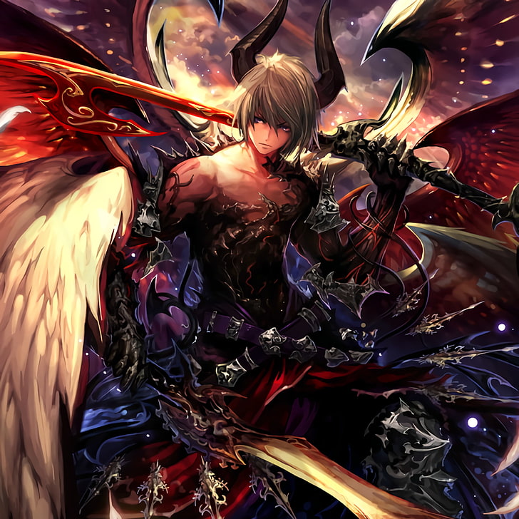 shingeki no bahamut, падший ангел, рога, люцивер, меч, крылья, аниме, HD обои