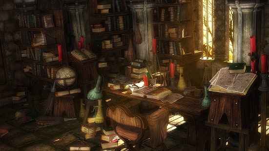 brown wooden desk with books near window digital wallpaper, library, fantasy art, books, HD wallpaper HD wallpaper