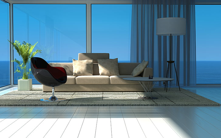 beżowa 3-osobowa kanapa, pokój, krzesło, wnętrze, Nowoczesne, stylowe, stylowo zaprojektowane apartamenty, Apartament Design, Tapety HD