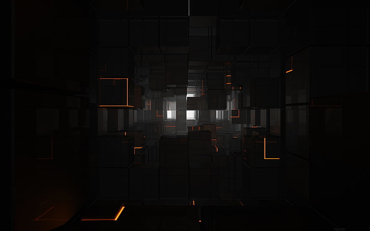 куб, черный, оранжевый, белый, блестящий, отражение, 3D, цифровое искусство, HD обои