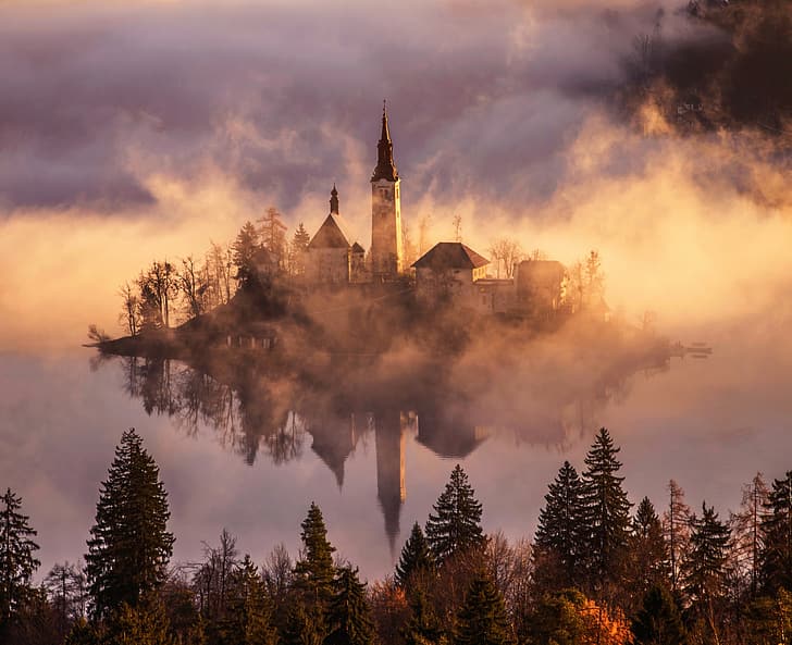 forêt, lumière, brouillard, île, matin, lac de Bled, Fond d'écran HD