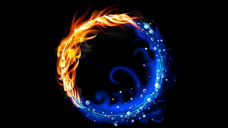 Wasser und Feuer Logo, abstrakt, Vektor, bunt, Feuer, Wasser, schwarzer Hintergrund, HD-Hintergrundbild