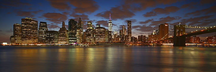 stadsbild fotografi på natten, brooklyn bridge, brooklyn bridge, NYC, Downtown, Brooklyn Bridge, Panorama, utforskat, stadsbild, fotografi, på natten, Ikoner, Blue Hour, Sky, Skyline, dom Tower, reflektioner, skyskrapa, blå # bridge, DUMBO , vatten, moln, stadshorisont, natt, stadsdel, uSA, arkitektur, new york city, stad, urban scen, berömd plats, manhattan - New York City, byggnad exteriör, skymning, upplyst, byggd struktur, HD tapet