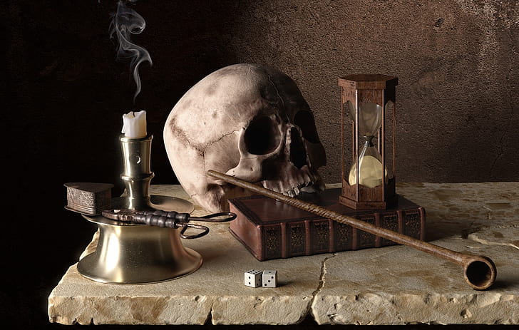време, череп, свещ, тръба, изкуство, кости, книга, пясъчен часовник, Memento Mori, Buyukyilmaz Honor, кремък, HD тапет