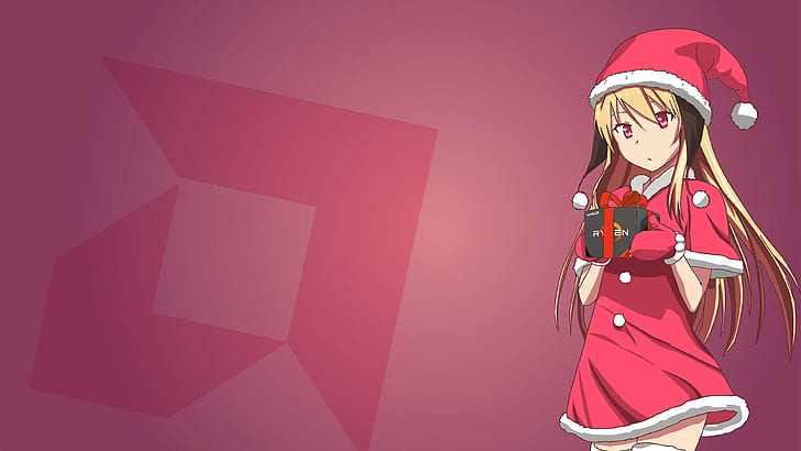 AMD, anime, Anime Girls, christmas, CPU, Hardware, Presents, Santa Hats, HD wallpaper