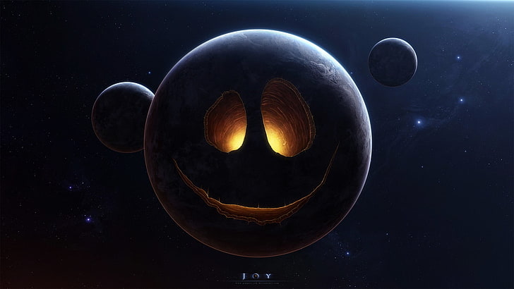black and gray planet with eyes and mouth, smiling, spacescapes, stars, DeviantArt, space, galaxy, planet, face, HD wallpaper
