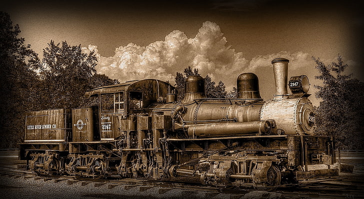 Парен влак, илюстрация на кафяв влак, реколта, сепия, влак, HD тапет