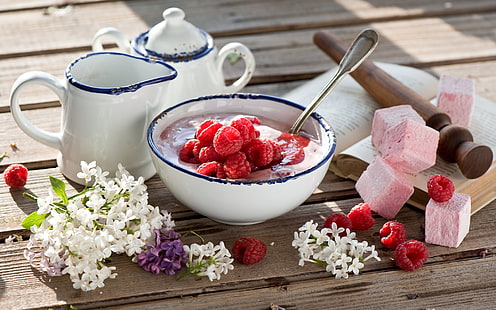 makanan penutup raspberry, sarapan, lilac, yogurt, marshmallow, raspberry, Wallpaper HD HD wallpaper