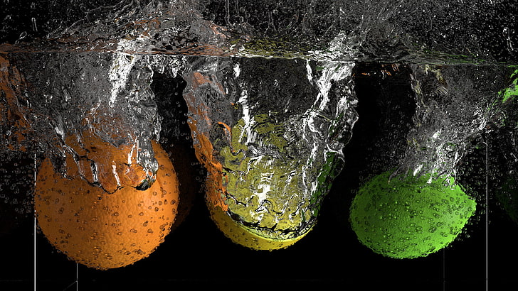Drei verschiedenfarbige Früchte, Wasser, Obst, Flüssigkeit, Zitronen, Orange, HD-Hintergrundbild