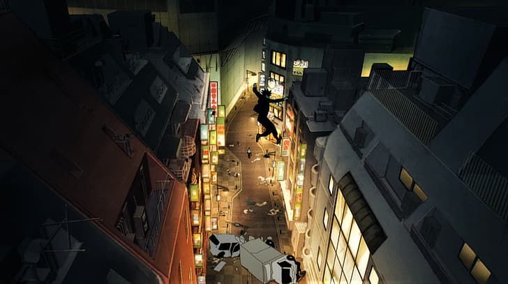 Jujutsu Kaisen, Megumi Fushiguro, Fushiguro Toji, Shibuya, Japão, pulando, cidade, luzes, construção, anime, Captura de tela do anime, meninos de anime, HD papel de parede