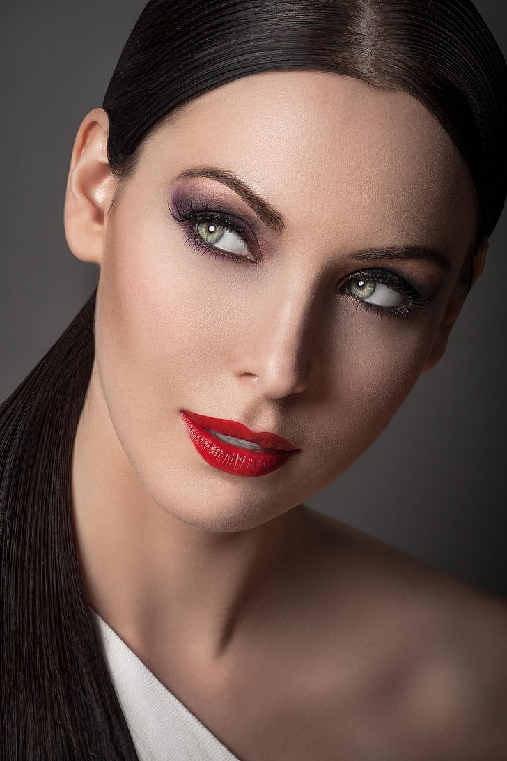 woman face, Natalie Glebova, women, portrait, face, lipstick, red lipstick, hazel eyes, makeup, HD wallpaper