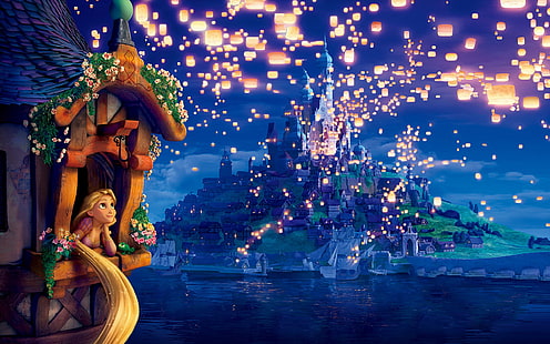 sogni, fiori, luci, torre, la sera, Rapunzel, lanterne, principessa, notte, sera, aggrovigliato, storia complicata, il film, Sfondo HD HD wallpaper