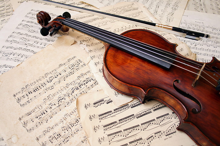 brązowe skrzypce z kokardą, nuty, skrzypce, liście, smyczek, instrument muzyczny, Tapety HD