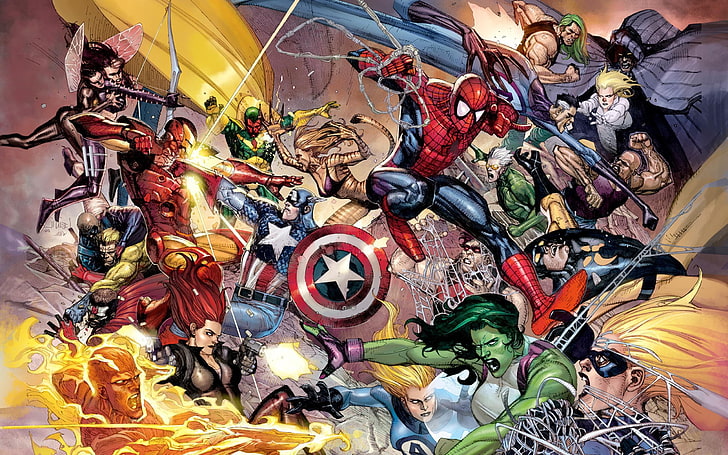 Marvel-Digital-Wallpaper, Fantastic Four, Marvel-Comics, Iron Man, She-Hulk, Menschliche Fackel, Die Vision, Janet van Dyne, Spider-Man, Captain America, Frau Marvel, Mr. Fantastic, HD-Hintergrundbild
